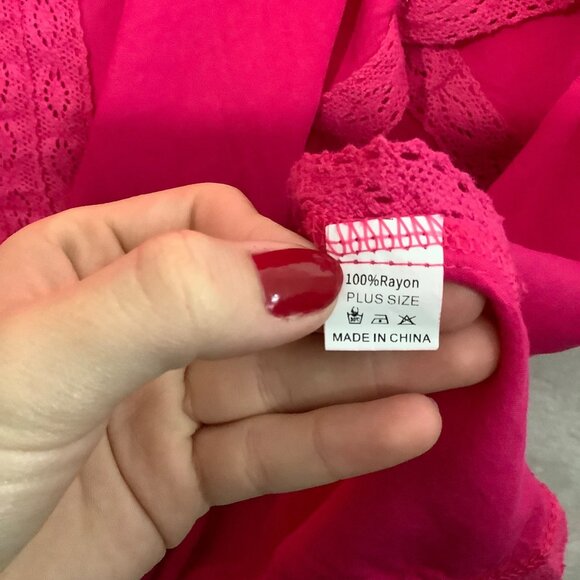 Hot Pink Women Plus Size Short Kaftan Laritta Lace Trim V-Neckline Loose Fit - Picture 4 of 7